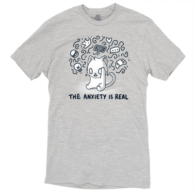 Premium Cotton T-shirt_Teeturtle silver gray The Anxiety is Real featuring an anxious white cat holding its head while imagining all the various things it's anxious about with the image set above the words "The Anxiety is Real".