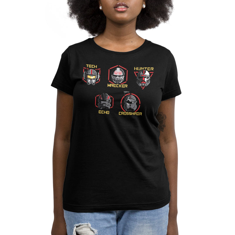 Officially licensed Women's short sleeve Star Wars Bad Batch Helmets t-shirt featuring a Tie Fighter design.