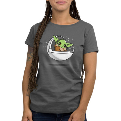 A licensed Star Wars Mandalorian The Child character t-shirt featuring Baby Yoda on the moon.