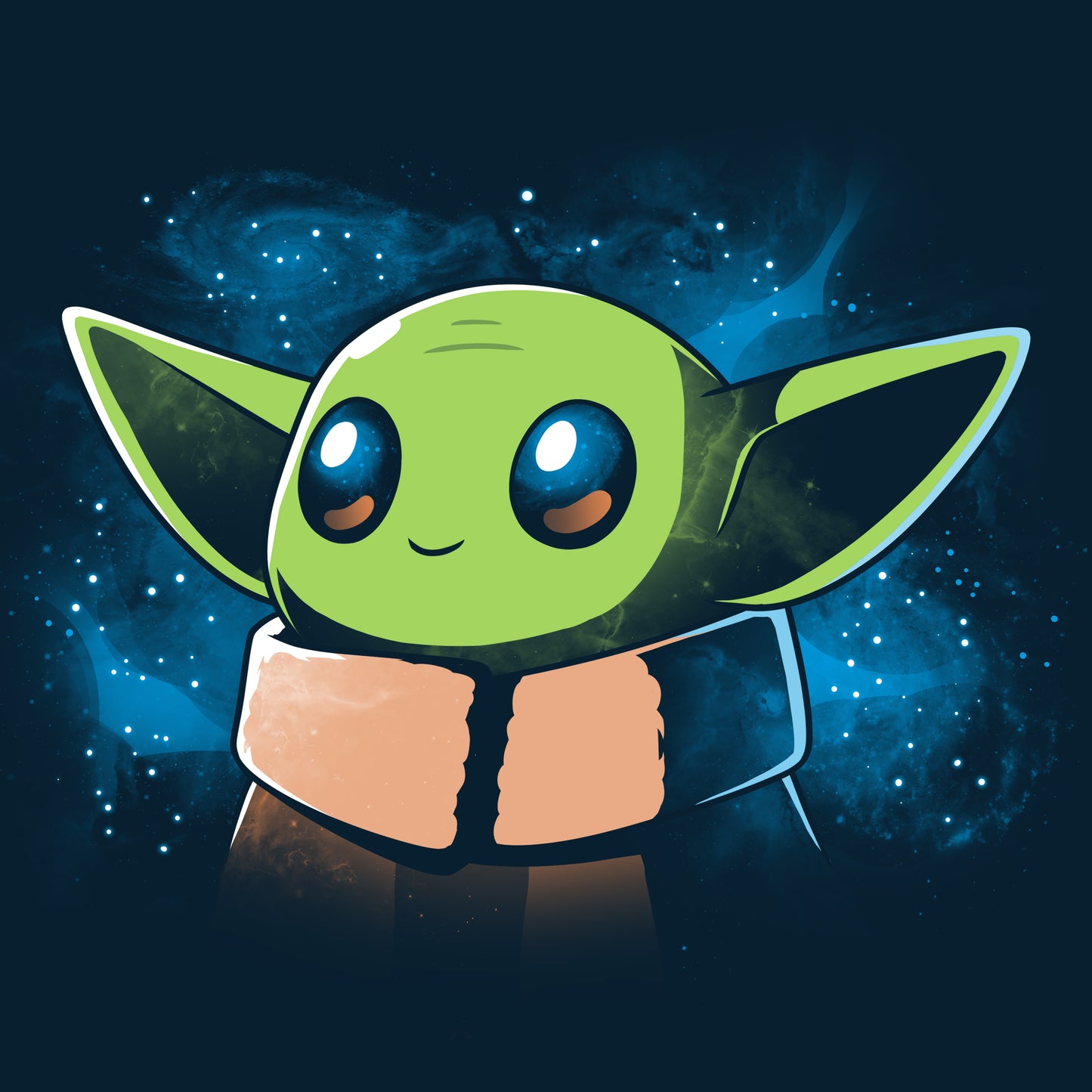 Officially licensed Star Wars T-shirt featuring The Child in Space, a green alien cartoon.