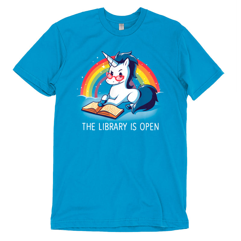 A unicorn-themed t-shirt for library lovers called "The Library is Open" by TeeTurtle.