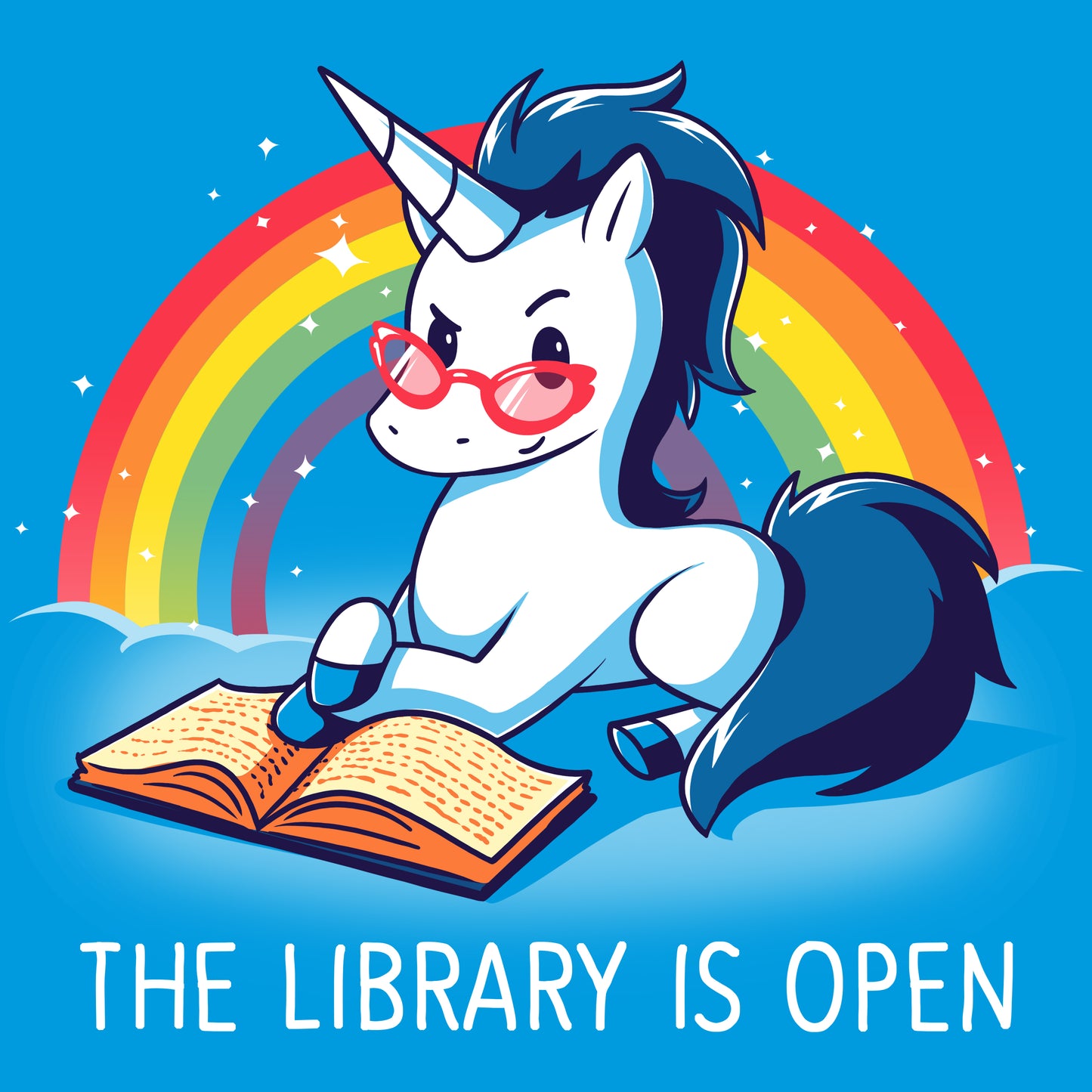 A TeeTurtle unicorn indulging in books with "The Library is Open" TeeTurtle.