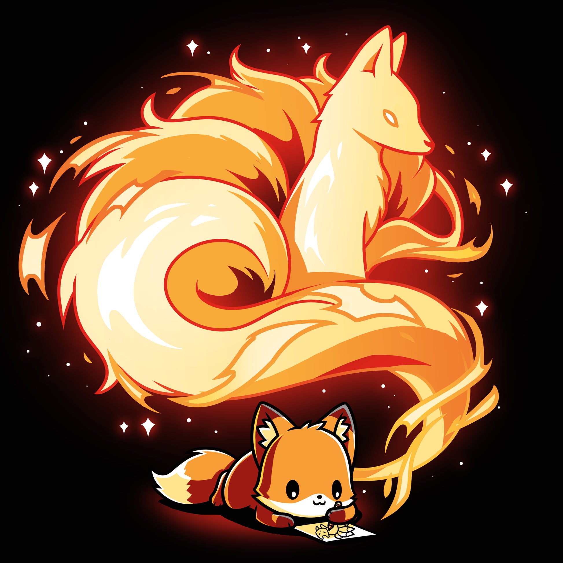 A black TeeTurtle original, The Mind of an Artist, featuring a fox and a cat sitting next to each other.