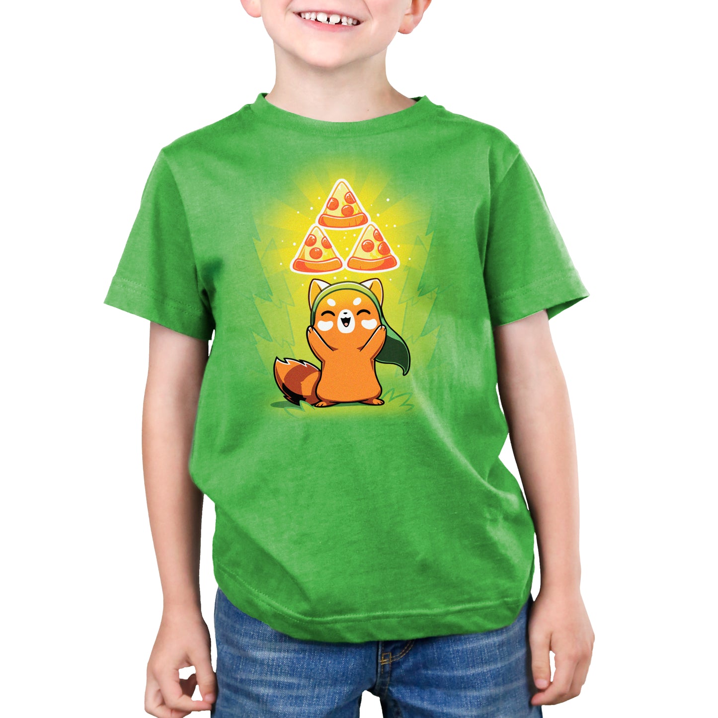 Premium Cotton T-shirt - A child wears an apple green apparel, made from super soft ringspun cotton, featuring a cartoon orange creature holding three slices of pizza above its head. The child is smiling, and the apparel's vibrant and playful design truly showcases "The Power of Pizza" apparel by monsterdigital.