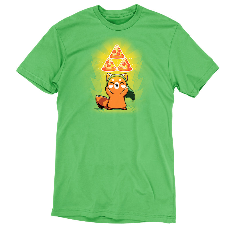 A green T-shirt with an image of a teddy bear holding The Power of Pizza and a power-up brand by TeeTurtle.