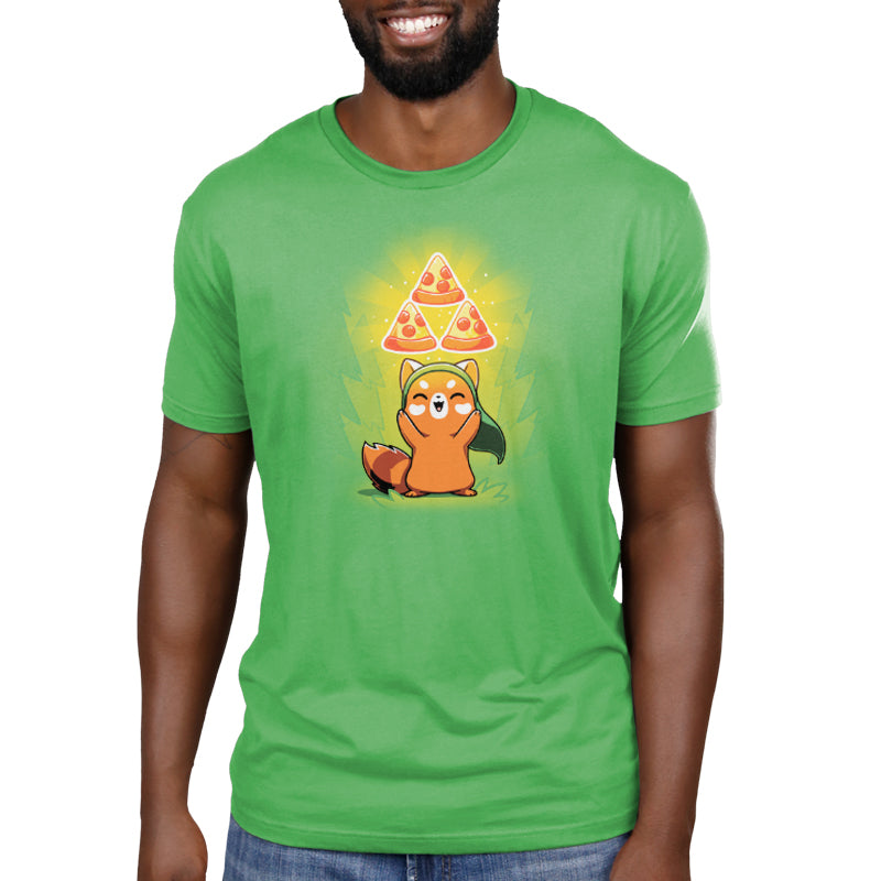 A legendary hero wearing The Power of Pizza apple green t-shirt with an image of a cat holding a pizza by TeeTurtle.