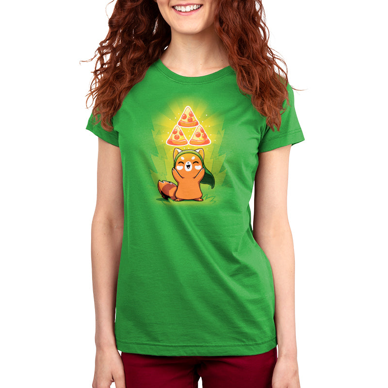 A women's t-shirt featuring The Power of Pizza by TeeTurtle, with a cuddly teddy bear holding a pizza.