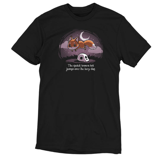 A black TeeTurtle T-shirt featuring The Quick Brown Fox and a skull.