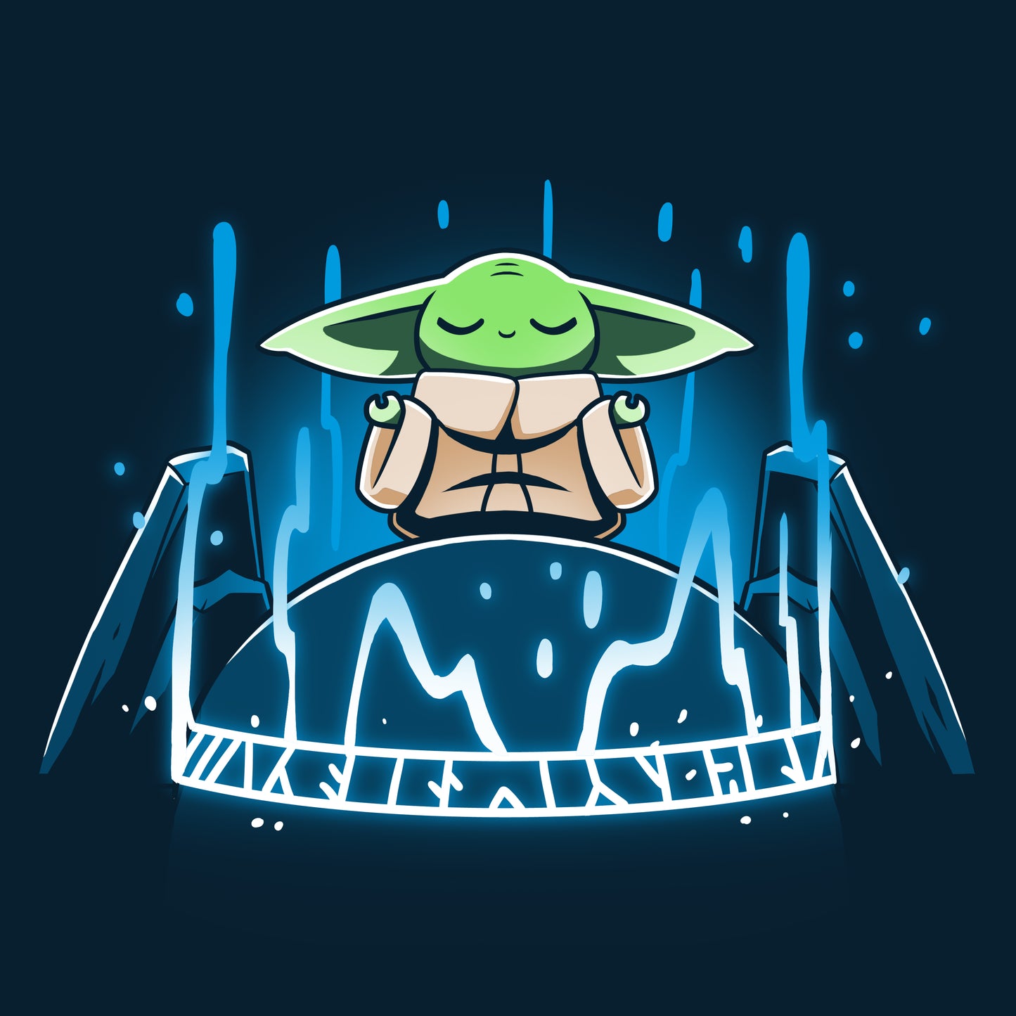 The Seeing Stone by Star Wars, depicting Baby Yoda meditating on a blue background, available in men's and women's t-shirt.