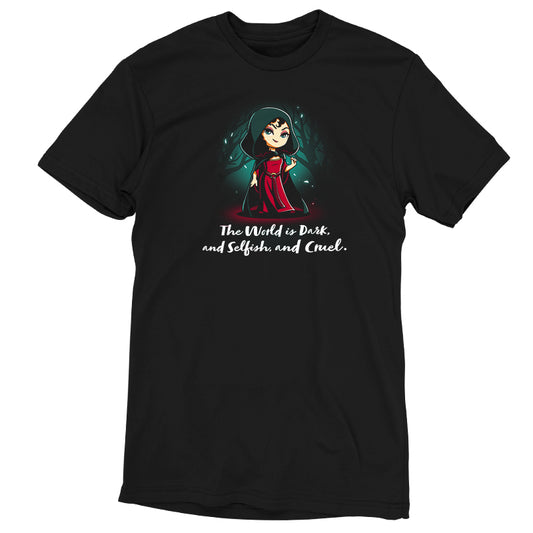 A limited stock black t-shirt featuring the officially licensed cartoon character Mother Gothel from The World is Dark, and Selfish, and Cruel by Disney.