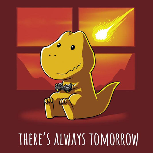 A Garnet red T-rex sitting in front of a window with the words 