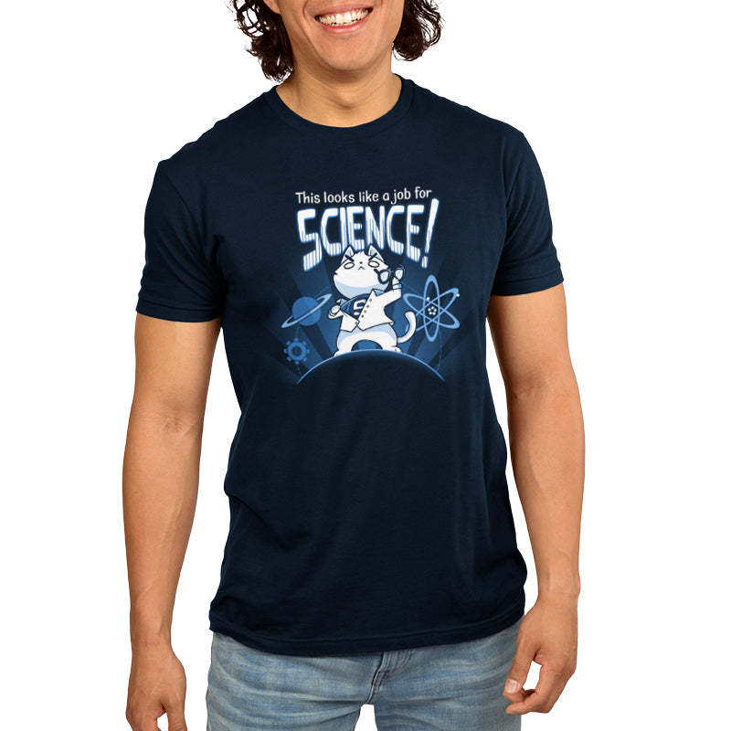 A man wearing a TeeTurtle "This Looks Like a Job for Science"-themed t-shirt.