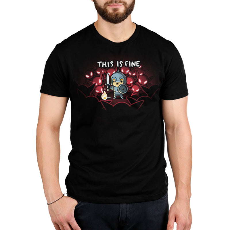 A man wearing a black TeeTurtle tee that says "This is Fine.