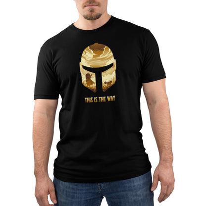 A man wearing an officially licensed Star Wars This is the Way t-shirt.
