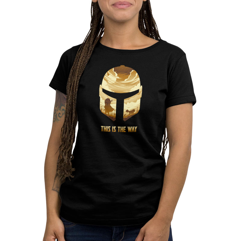 A licensed women's black t-shirt with a Star Wars helmet on it, named "This is the Way" by Star Wars.