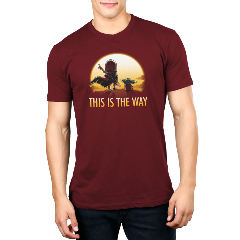 This is the officially licensed Star Wars men's t-shirt featuring The Mandalorian and Grogu called "This is the Way (Sunset)".