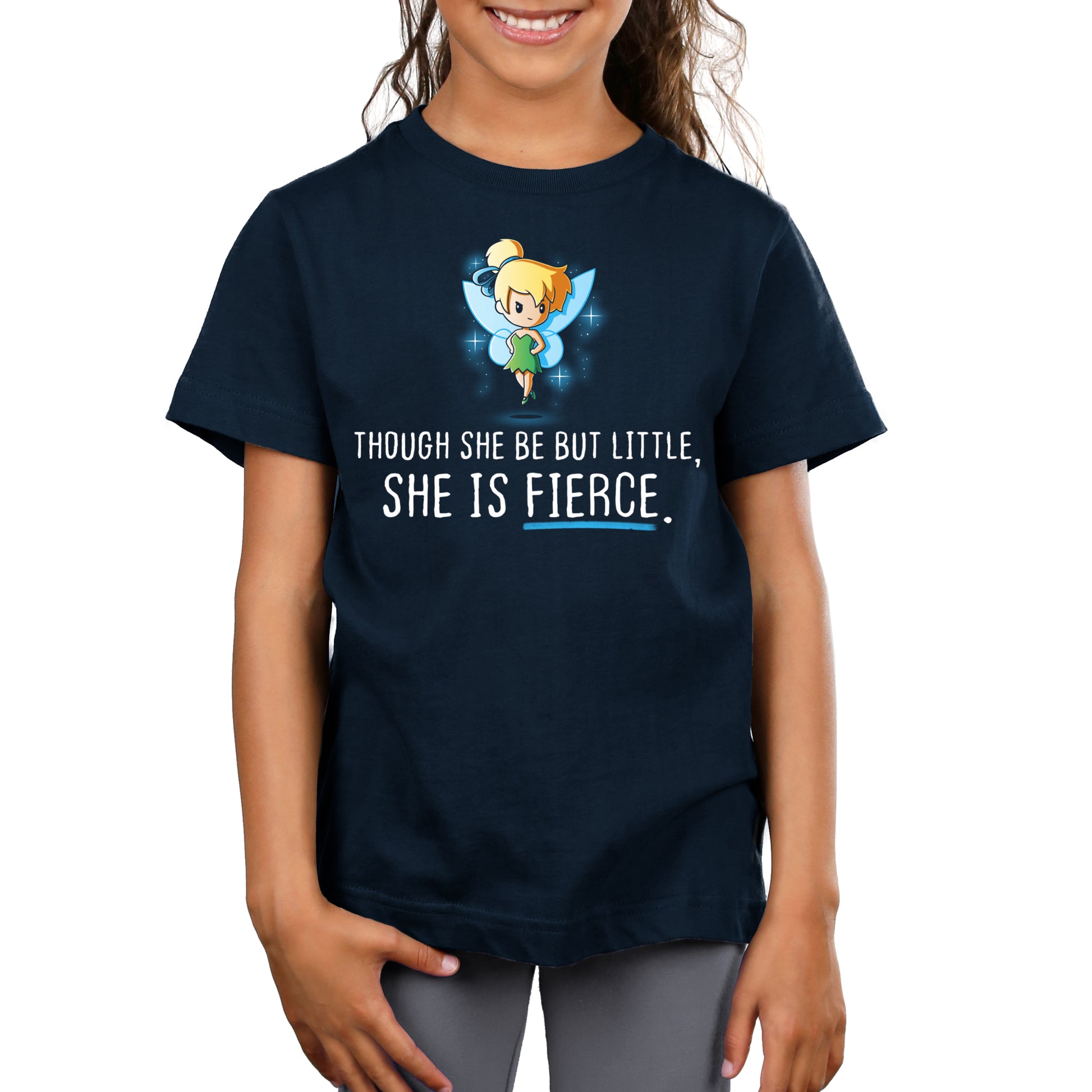 A girl wearing a licensed Disney Navy Blue Tinker Bell t-shirt in the "She is Fierce" design.