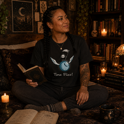 Premium Cotton T-shirt_TeeTurtle charcoal Time Flies Premium Cotton T-shirt featuring a grim reaper riding a clock with wings. The text below reads  "Time Flies"