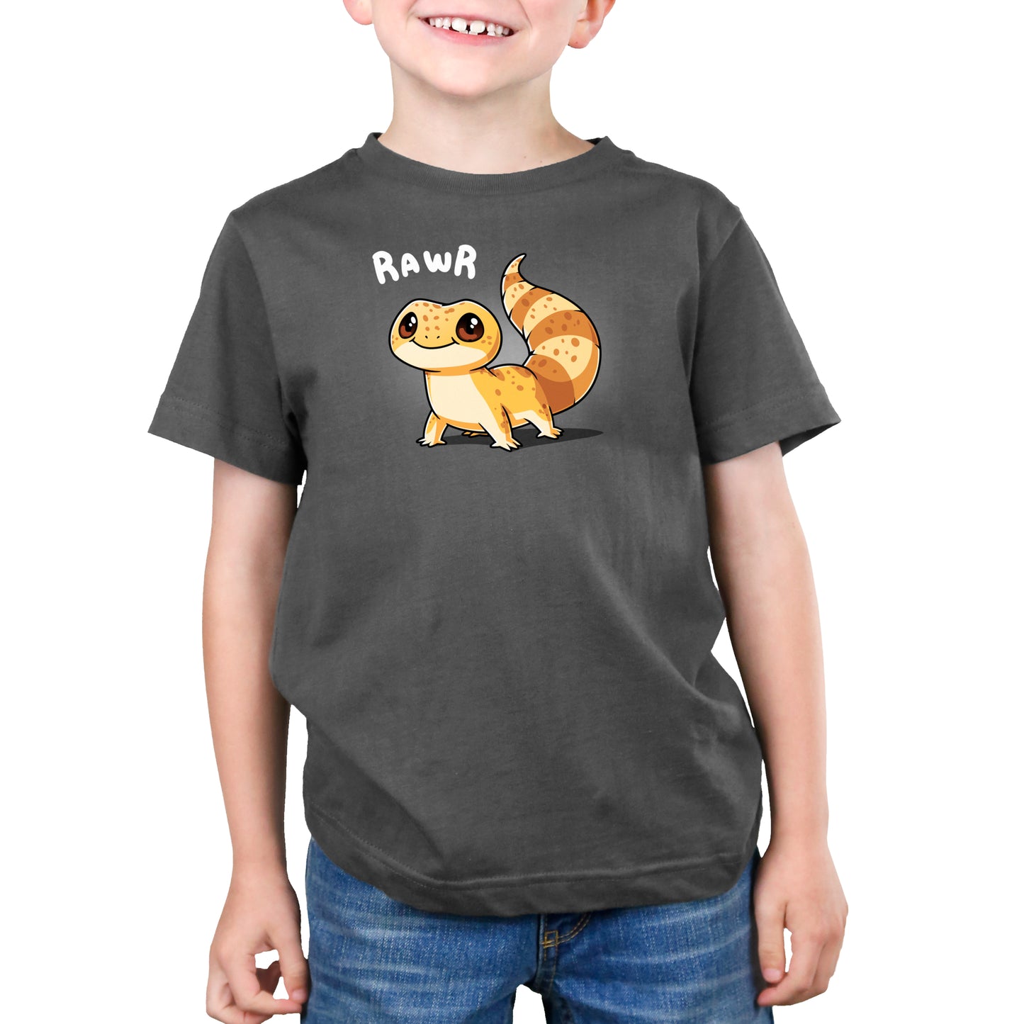 A young boy wearing a Tiny Dino t-shirt from TeeTurtle.