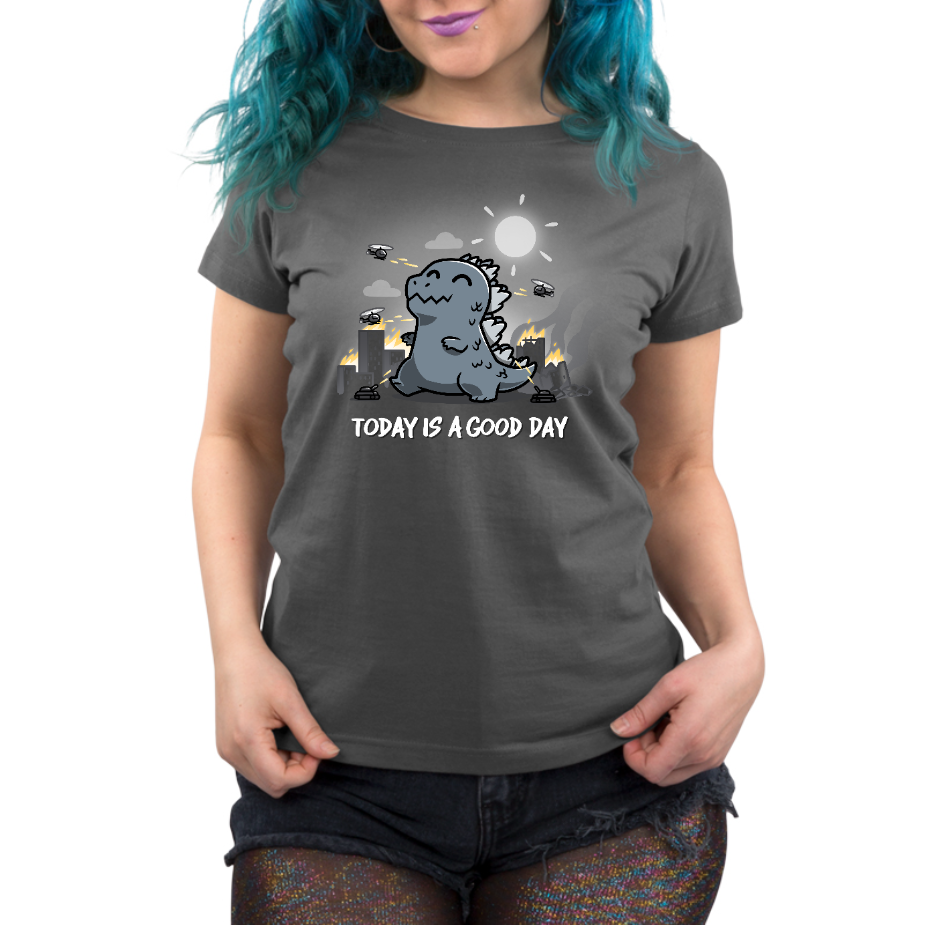 Premium Cotton T-shirt_TeeTurtle charcoal gray Today Is A Good Day (Godzilla) apparel featuring Godzilla happily trampling through a burning city with helicopters and a bright sun in the sky, and the caption, "Today Is A Good Day".