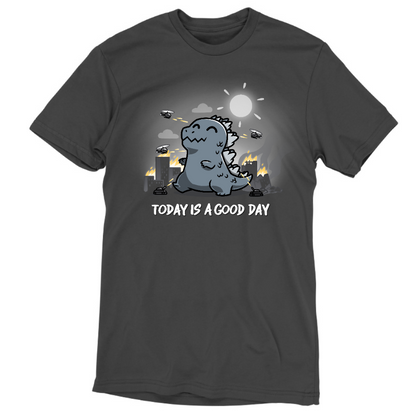 Premium Cotton T-shirt_TeeTurtle charcoal gray Today Is A Good Day (Godzilla) apparel featuring Godzilla happily trampling through a burning city with helicopters and a bright sun in the sky, and the caption, "Today Is A Good Day".
