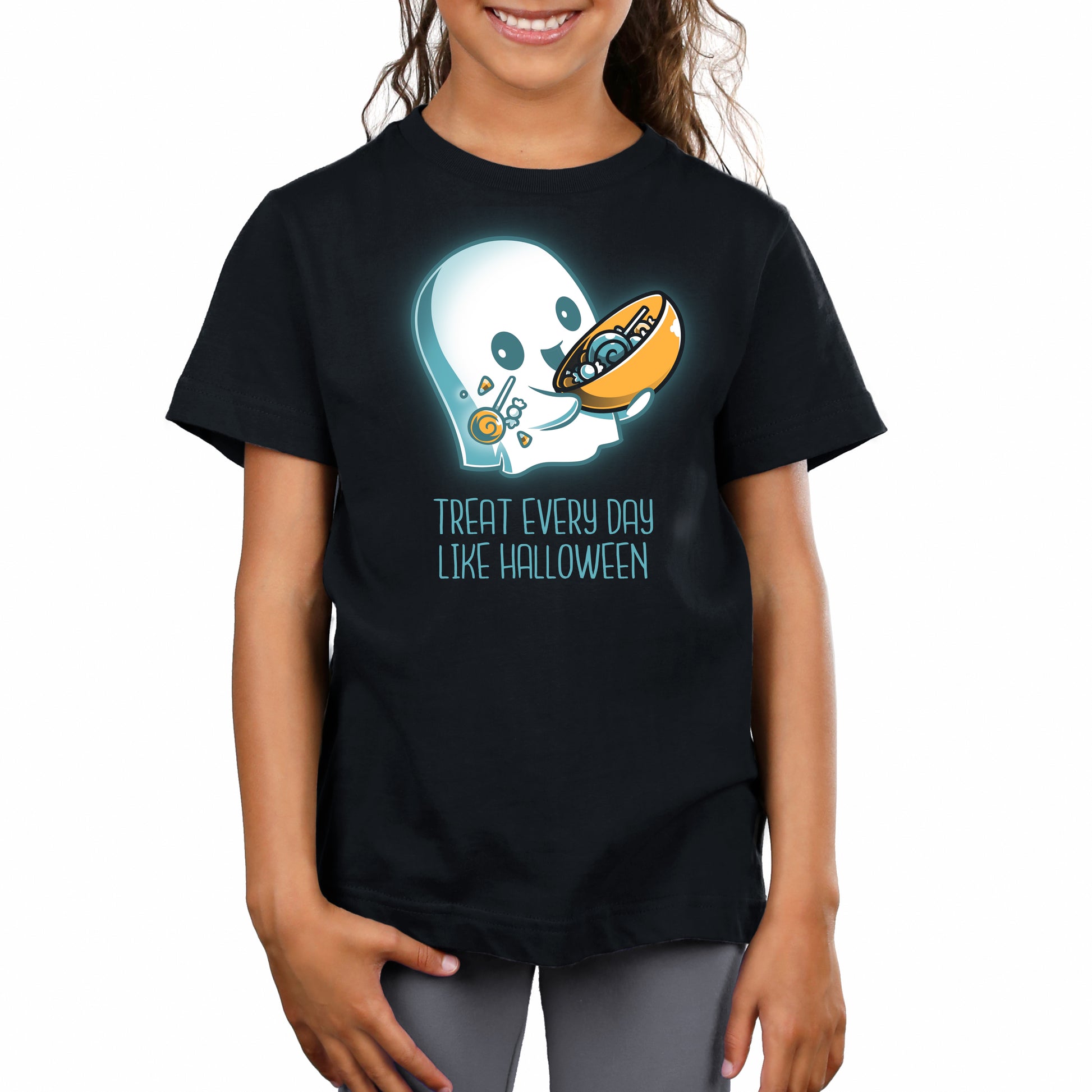 Premium Cotton T-shirt_Teeturtle Treat Every Day Like Halloween black t-shirt featuring a cute ghost with a bowl full of candy and the words 'Treat Every Day Like Halloween' beneath.