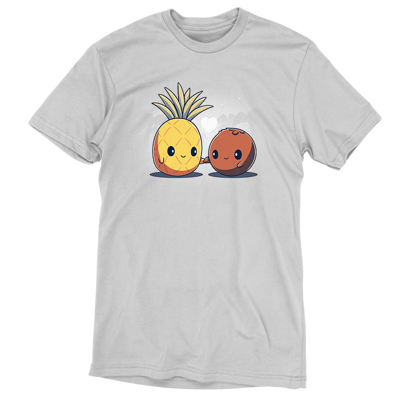 Premium Cotton T-shirt_Teeturtle Tropical Love silver gray t-shirt featuring a cute pineapple and a coconut holding hands with a heart above them.