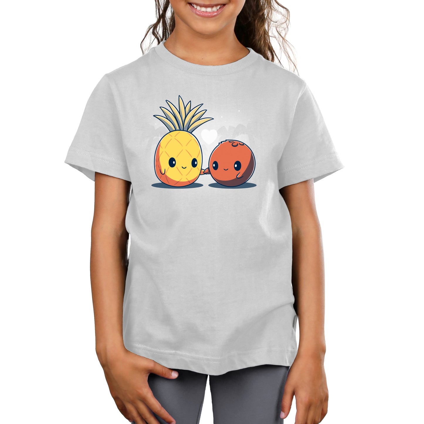 Premium Cotton T-shirt_Teeturtle Tropical Love silver gray t-shirt featuring a cute pineapple and a coconut holding hands with a heart above them.