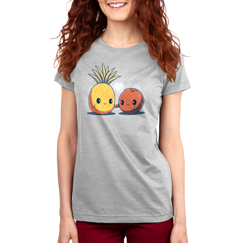 Premium Cotton T-shirt_Teeturtle Tropical Love silver gray t-shirt featuring a cute pineapple and a coconut holding hands with a heart above them.