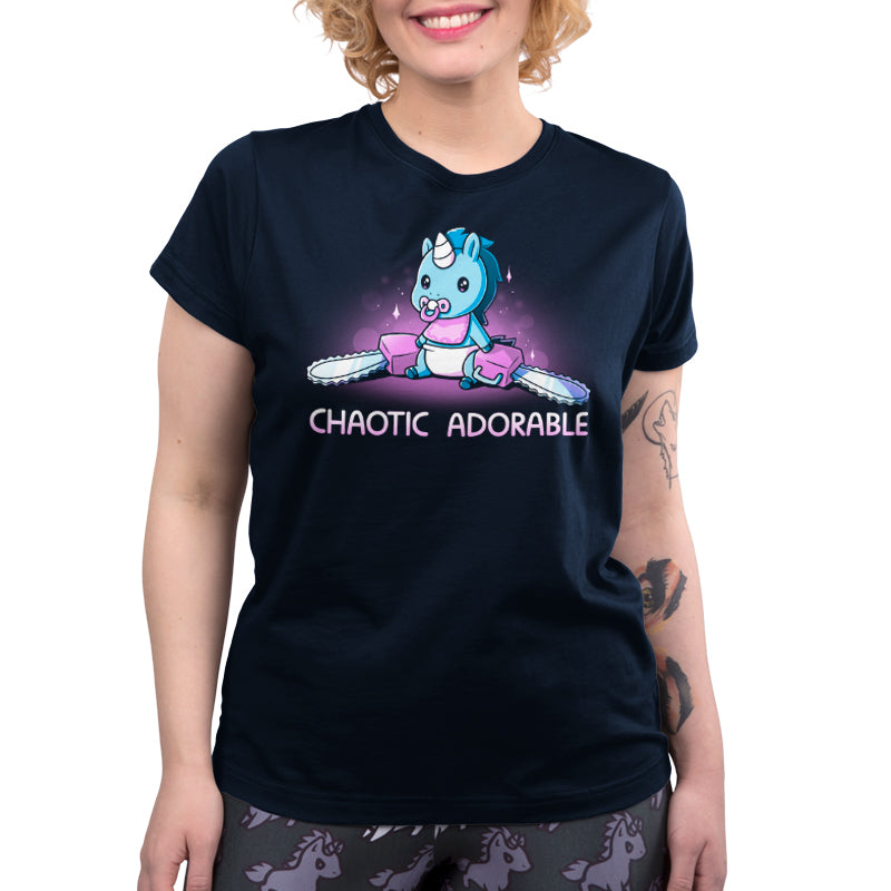 A woman wearing a navy blue Chaotic Adorable t-shirt from TeeTurtle.