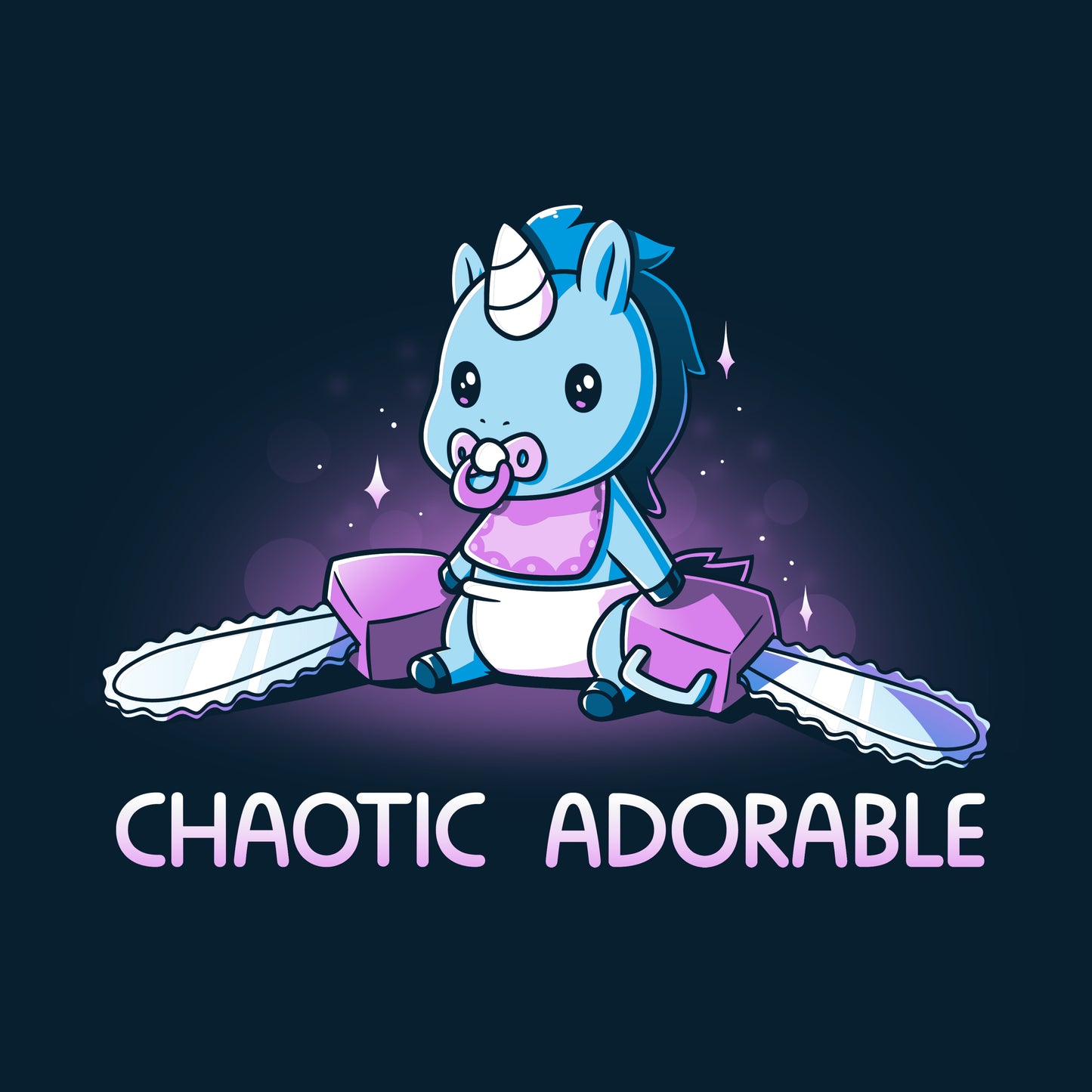 A navy blue "Chaotic Adorable" t-shirt featuring a cartoon unicorn holding a chainsaw, perfectly capturing its chaotic and adorable nature. (Brand Name: TeeTurtle)