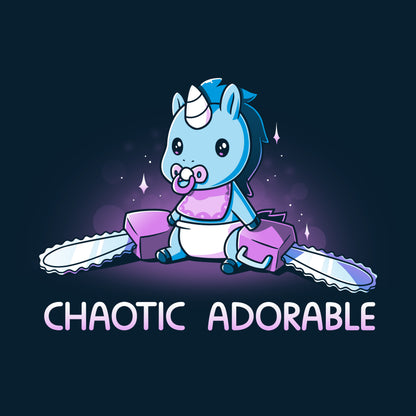 A navy blue "Chaotic Adorable" t-shirt featuring a cartoon unicorn holding a chainsaw, perfectly capturing its chaotic and adorable nature. (Brand Name: TeeTurtle)