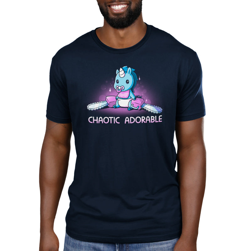 A man wearing a navy blue Chaotic Adorable t-shirt that says TeeTurtle.