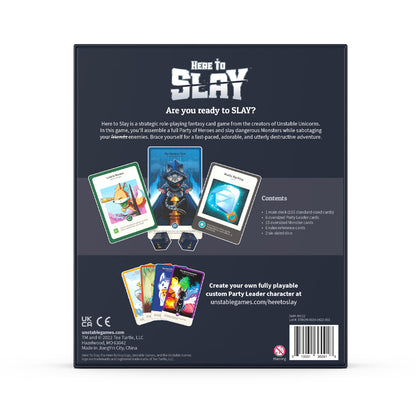 Back view of the Unstable Games "Here to Slay: Base Game" card game box showcasing game cards, play instructions, and illustrations of fantasy-inspired characters.