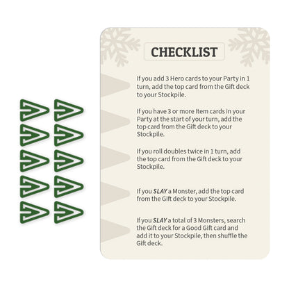 A card from Here to Slay: Here to Sleigh Expansion board game, featuring text instructions on gameplay actions related to "Gift cards" mechanics, with a decorative, gray snowflake border by Unstable Games.