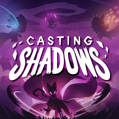 Game title 'Casting Shadows' with silhouettes of characters on a purple background