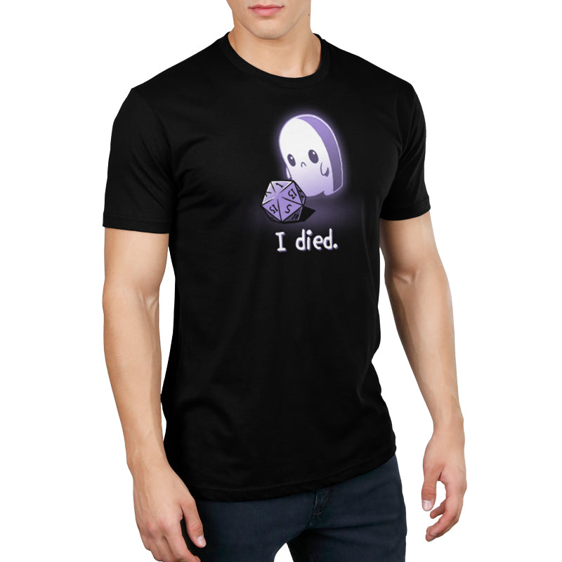 A man wearing a black t-shirt by TeeTurtle, exuding comfort, with the bold phrase "I Died.