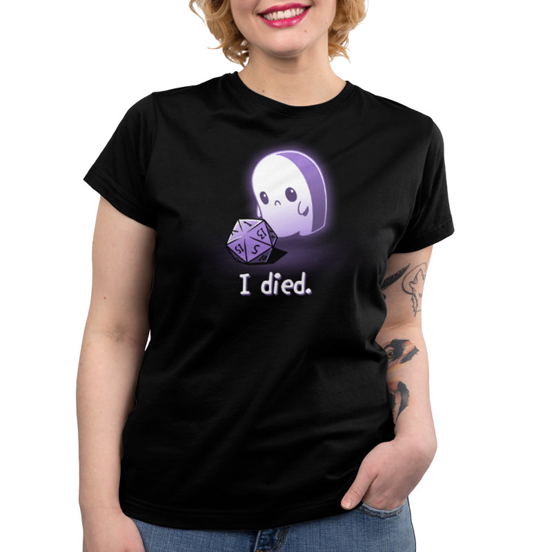 A woman wearing a TeeTurtle "I Died" black t-shirt.