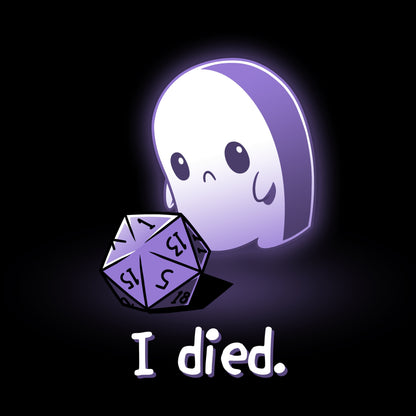 A black ghost wearing a TeeTurtle t-shirt, holding an I Died d20.