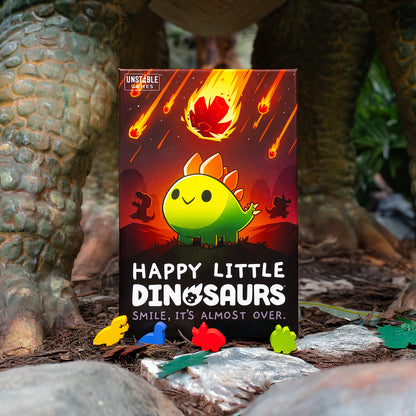 Happy Little Dinosaurs: Base Game in a jungle, with gigantic dinosaur legs in the background