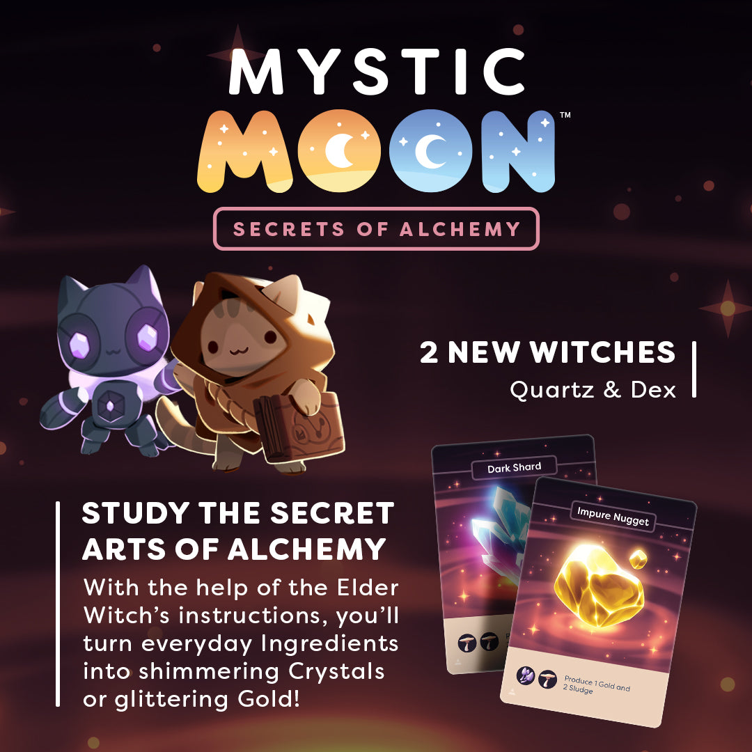 Mystic Moon: Secrets of Alchemy Expansion how to play graphic with information on the two new witches and the new game mechanics. 