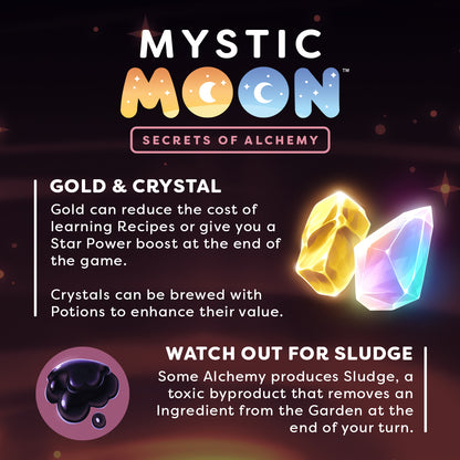 Mystic Moon: Secrets of Alchemy Expansion how to play graphic with information on the new game mechanics, gold, crystal and sludge.