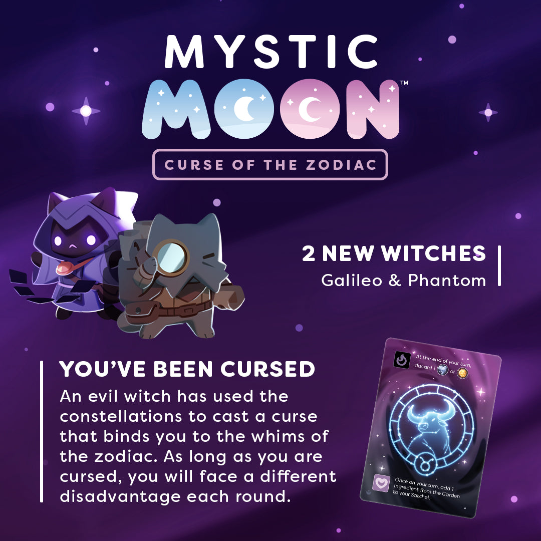 Mystic Moon: Curse of the Zodiac Expansion how to play graphic with curse card and new witches