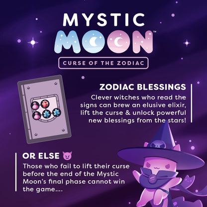 Mystic Moon: Curse of the Zodiac Expansion How to Play graphic with information on Zodiac Blessings and Curses.