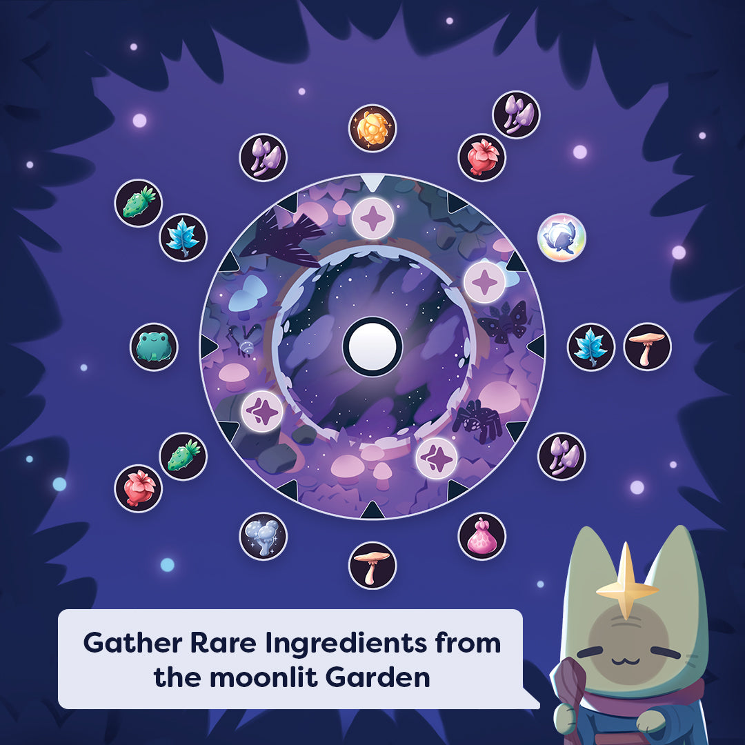 A stylized digital illustration of a circular moonlit garden portal surrounded by small colorful ingredient icons, with a speech bubble reading 'Gather Rare Ingredients from the moonlit Garden' and a cute cat character in the lower right on a dark purple starry background.