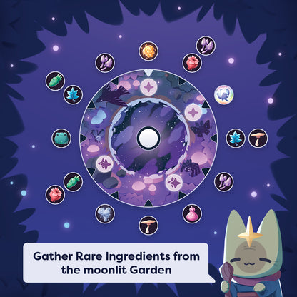 A stylized digital illustration of a circular moonlit garden portal surrounded by small colorful ingredient icons, with a speech bubble reading 'Gather Rare Ingredients from the moonlit Garden' and a cute cat character in the lower right on a dark purple starry background.