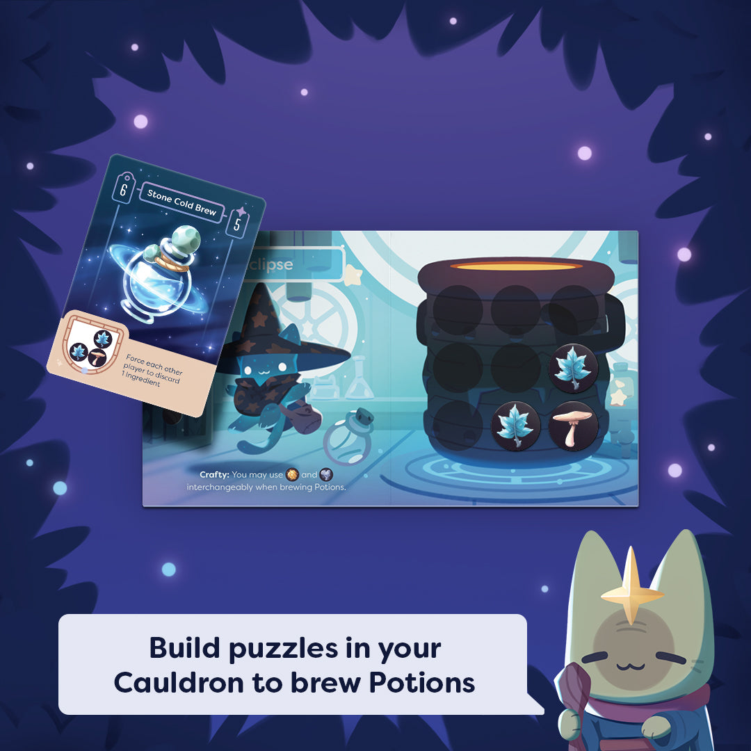 Mystic Moon: How to Play graphic with a player board and card. Text at the bottom reads, 'Build puzzles in your Cauldron to brew Potions.