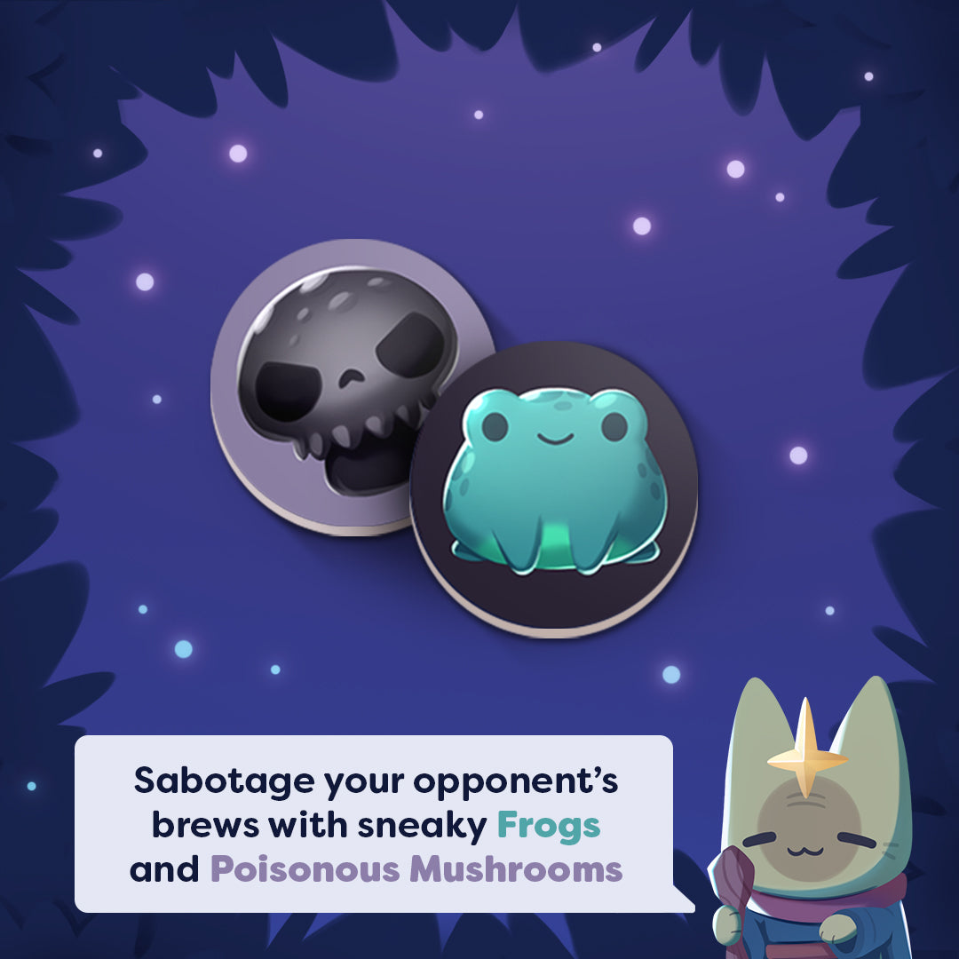 Mystic Moon How to Play graphic with tokens and the text "Sabotage your opponent's brews with sneaky Frogs and Poisonous Mushrooms."