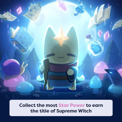 Mystic Moon How to Play graphic with Elder Witch game art and the text "Collect the most Star Power to ear the title of Supreme Witch."