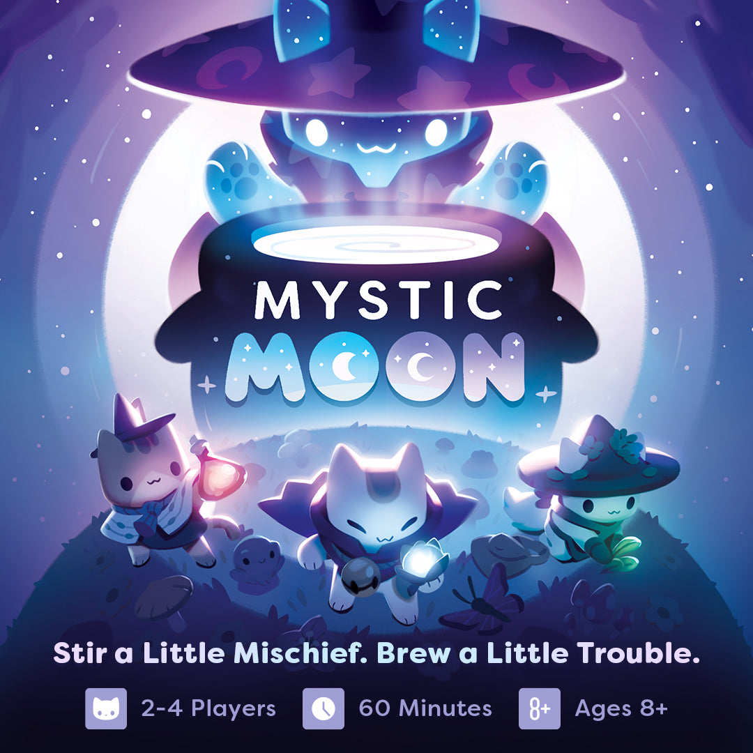 Promotional artwork for the game Mystic Moon, featuring cute stylized cat characters in wizard hats and robes under a large glowing moon, with the title 'MYSTIC MOON' centered. Text at the bottom reads 'Stir a Little Mischief. Brew a Little Trouble.'